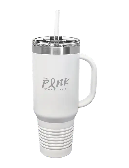 Polar Camel 40 oz. Powder Coated Vacuum Insulated White Travel Mug with Straw w/Pink Warriors Logo