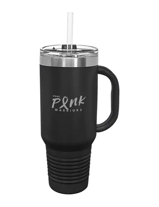 Polar Camel 40 oz. Powder Coated Vacuum Insulated Black Travel Mug with Straw w/Pink Warriors Logo