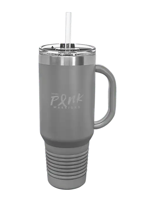 Polar Camel 40 oz. Powder Coated Vacuum Insulated Grey Travel Mug with Straw w/Pink Warriors Logo