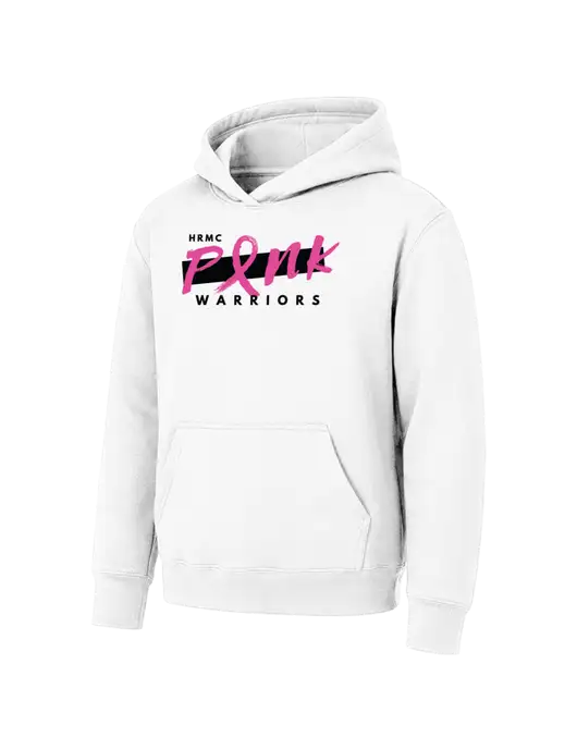 Youth White 7.8 oz Pullover Hooded Sweatshirt w/Pink Warriors Logo